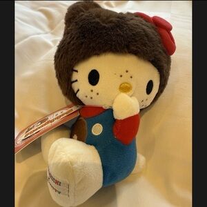 Hello Kitty x Monchhichi Plush in Blue Overalls Red Bow Japan